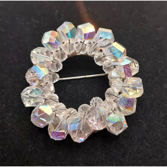 Vintage Aurora Borealis Brooch Circle Crystal Costume Jewelry - Picture 8 of 10